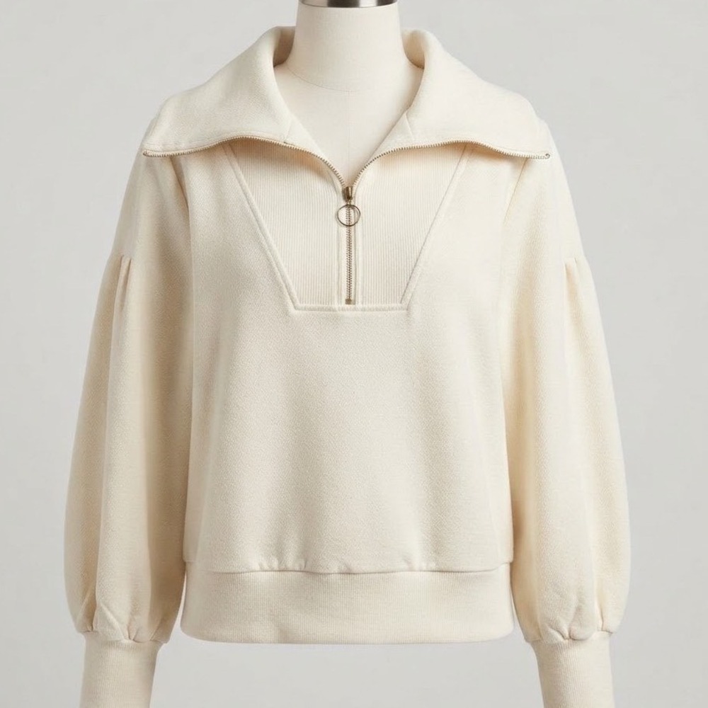Anrabess Women Cream Ribbed Quarter Zip Pullover Oversized Sweatshirt Small